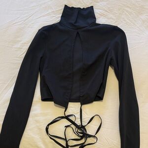 Black Long Sleeve Open Tie Front Crop Top